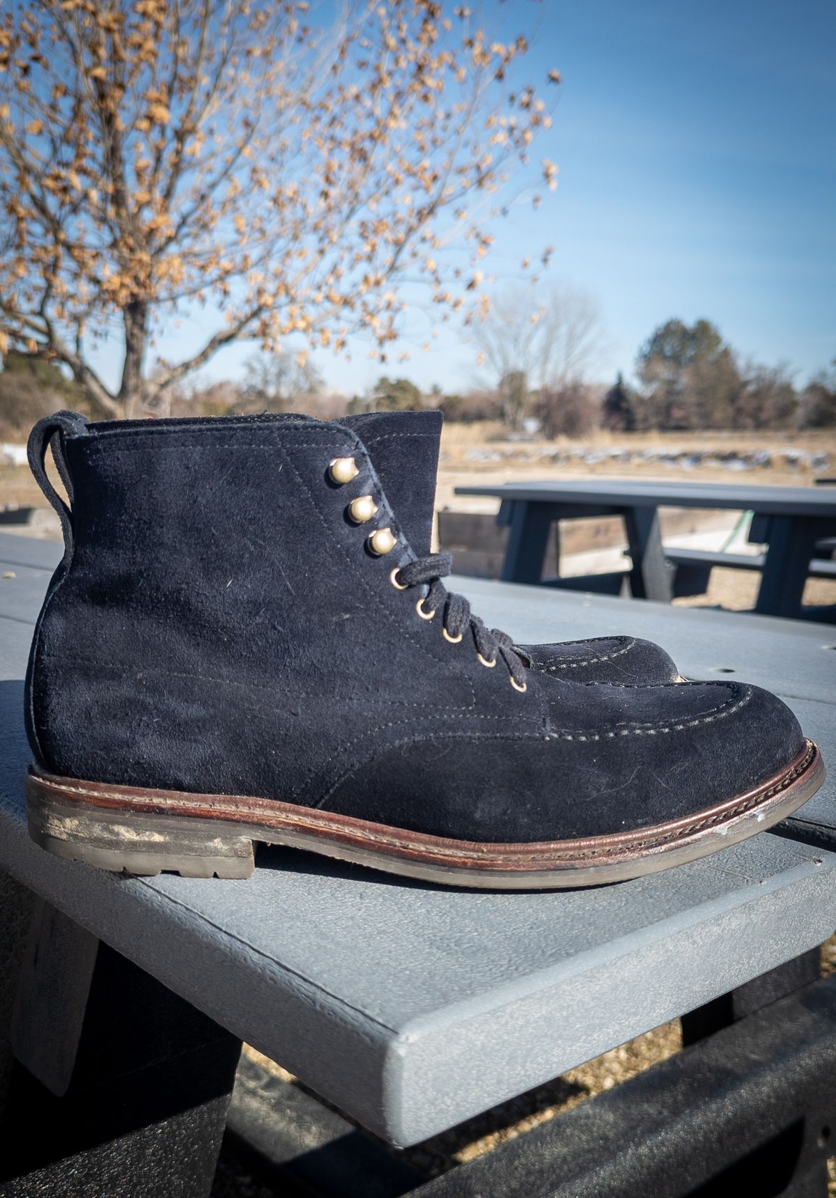 Photo by StarWarrior on February 3, 2023 of the J.Crew Kenton Pacer Boots in C.F. Stead Navy Blue Janus Calf Suede.