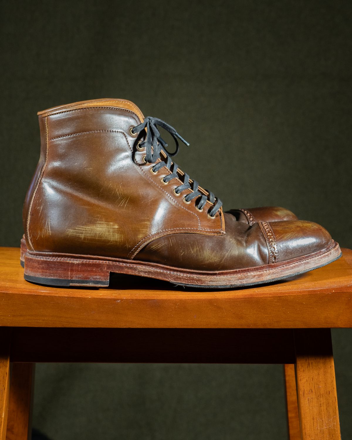 Photo by StarWarrior on January 3, 2025 of the Meermin Derby Boot in Shinki Olive Shell Cordovan.