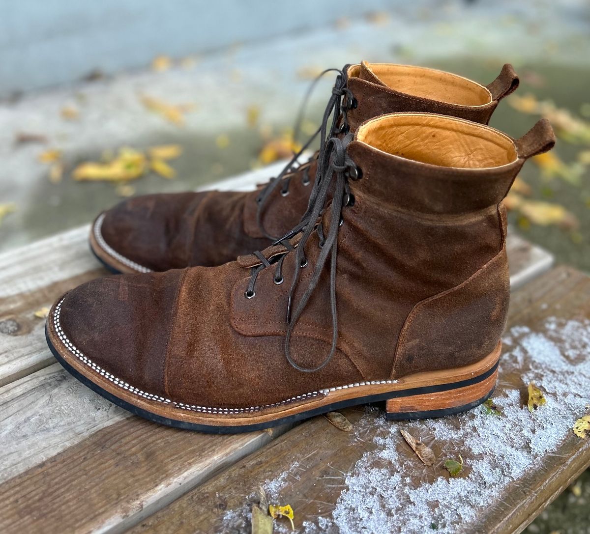 Photo by heritage_boots_obsessed on November 2, 2023 of the TAFT Stitchdown Legacy Boot in C.F. Stead Rust Waxy Commander Suede.