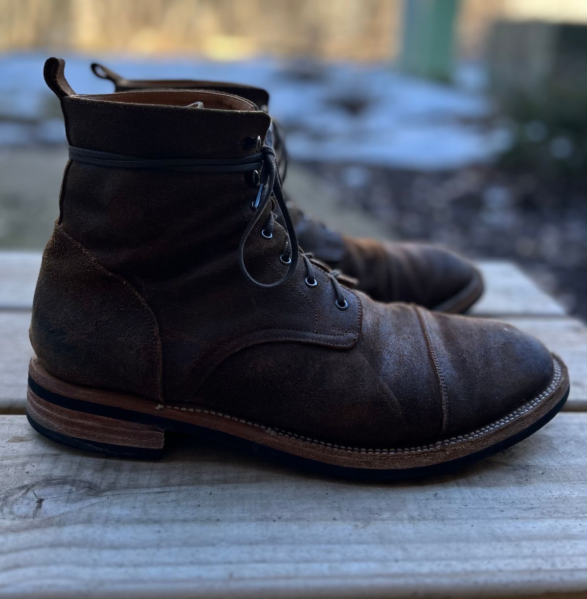 Photo by heritage_boots_obsessed on February 4, 2024 of the TAFT Stitchdown Legacy Boot in C.F. Stead Rust Waxy Commander Suede.