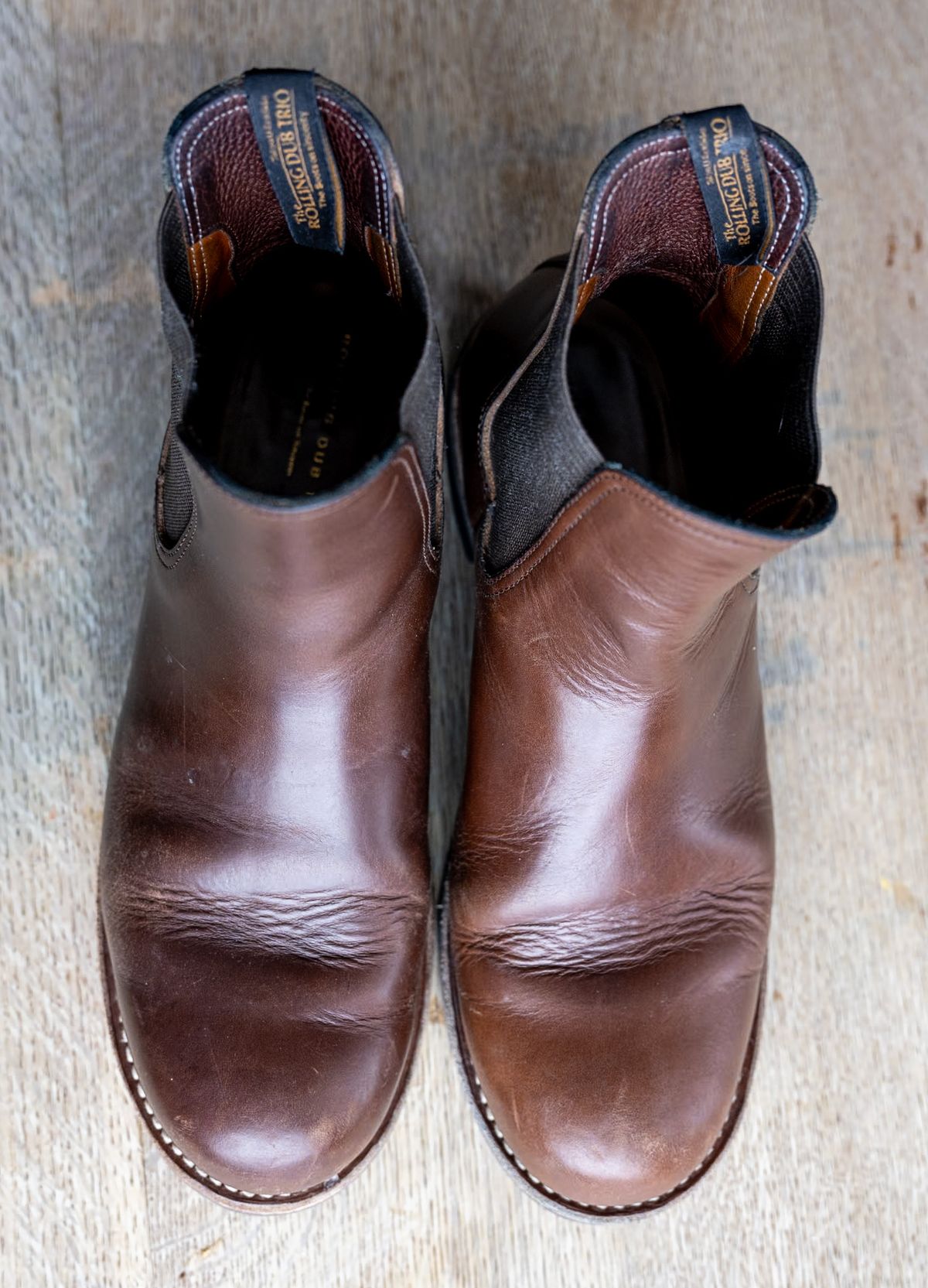 Photo by rustic.boots on December 2, 2023 of the Rolling Dub Trio Stan in Horween Brown Chromexcel.