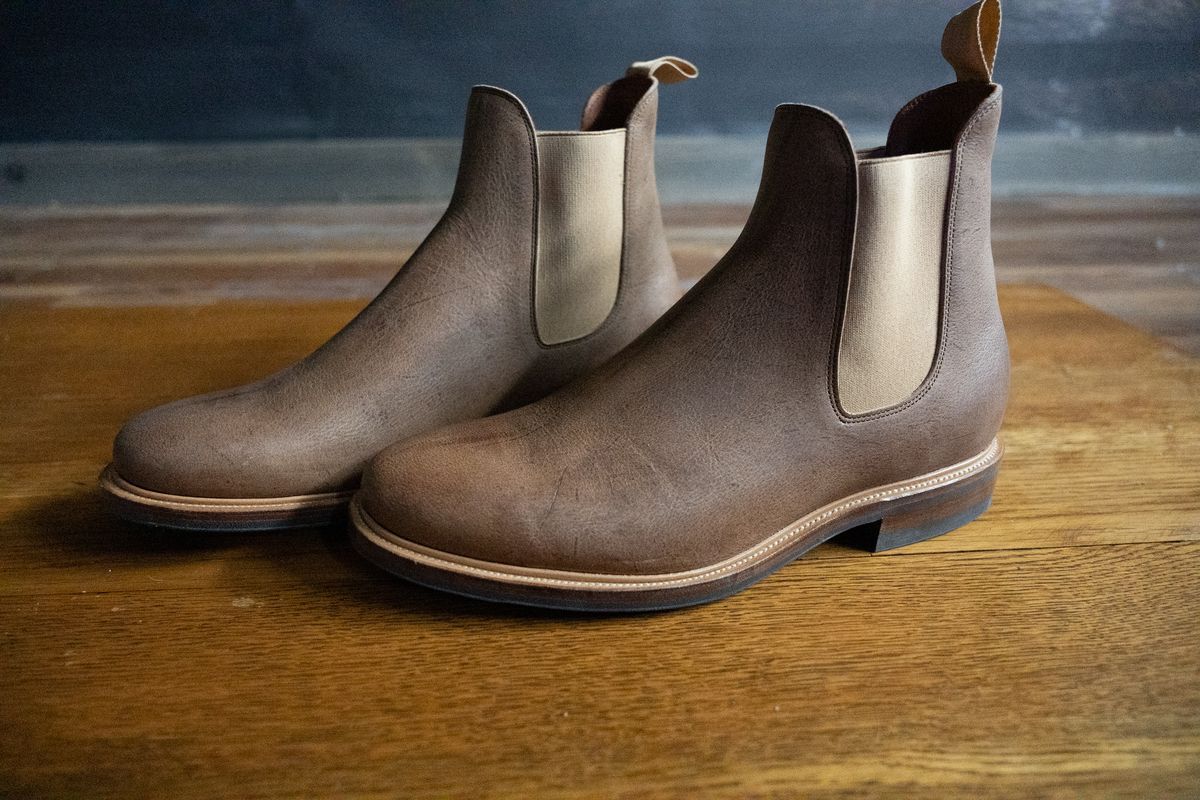 Photo by rustic.boots on October 2, 2022 of the Viberg Chelsea in C.F. Stead Camel Hair Waxed Kudu.