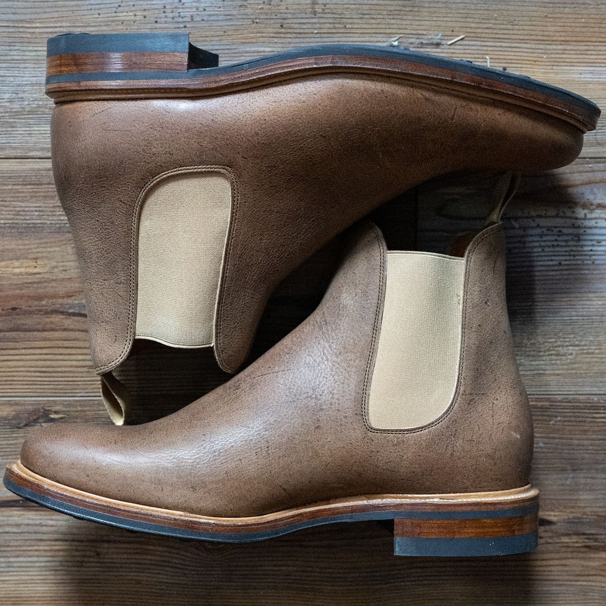 Photo by rustic.boots on October 2, 2022 of the Viberg Chelsea in C.F. Stead Camel Hair Waxed Kudu.