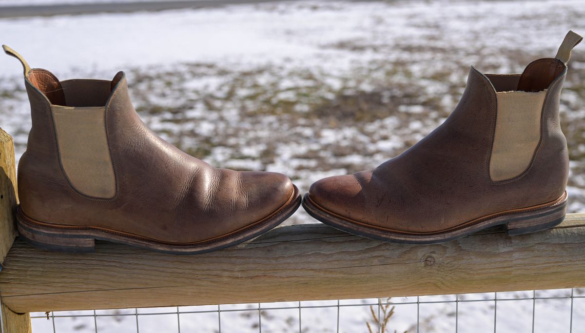 Photo by rustic.boots on February 2, 2023 of the Viberg Chelsea in C.F. Stead Camel Hair Waxed Kudu.