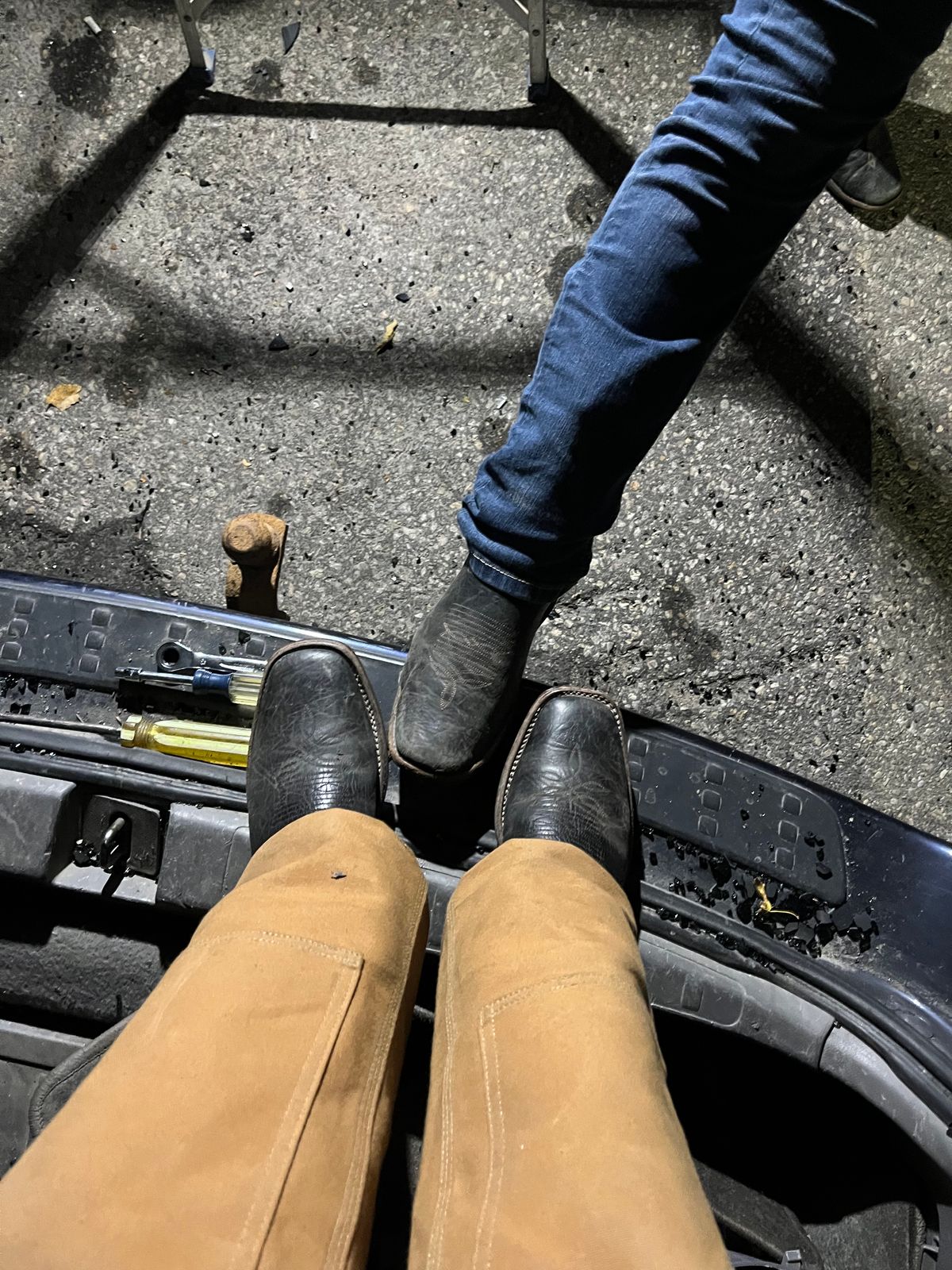 Photo by BigMunnyMunro on October 24, 2024 of the Boulet Boots Square Toe Cowboy Boot, Horseman Heel in Unknown Black Bison & Unknown White Calf.