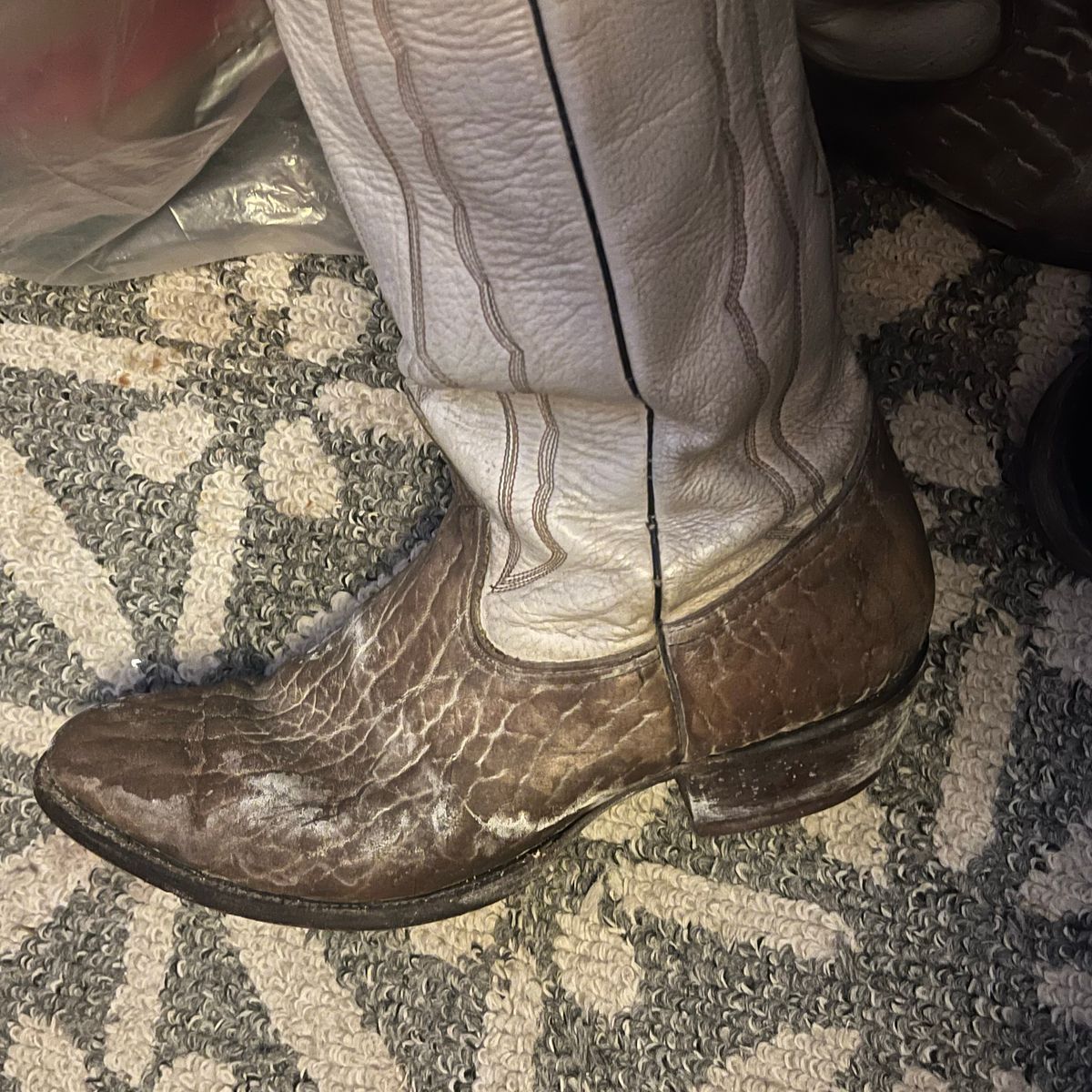 Photo by BigMunnyMunro on January 10, 2025 of the Coyote Joe Boots Cowboy Boot in Light Tan Bison White Overdye & White Calfskin.