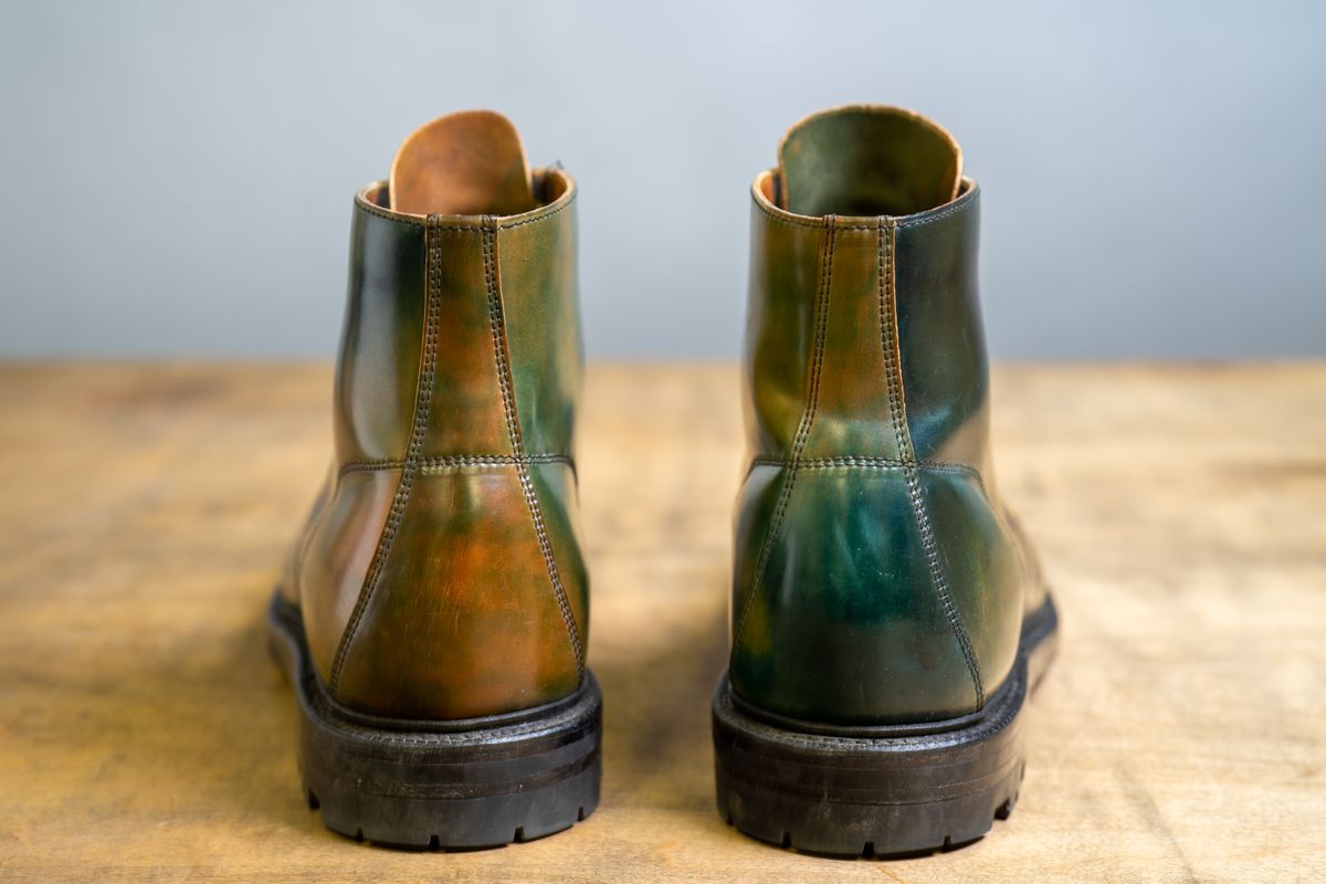 Photo by MikeLikesBoots on January 5, 2024 of the Grant Stone Brass Boot in Horween Marbled Black Shell Cordovan.