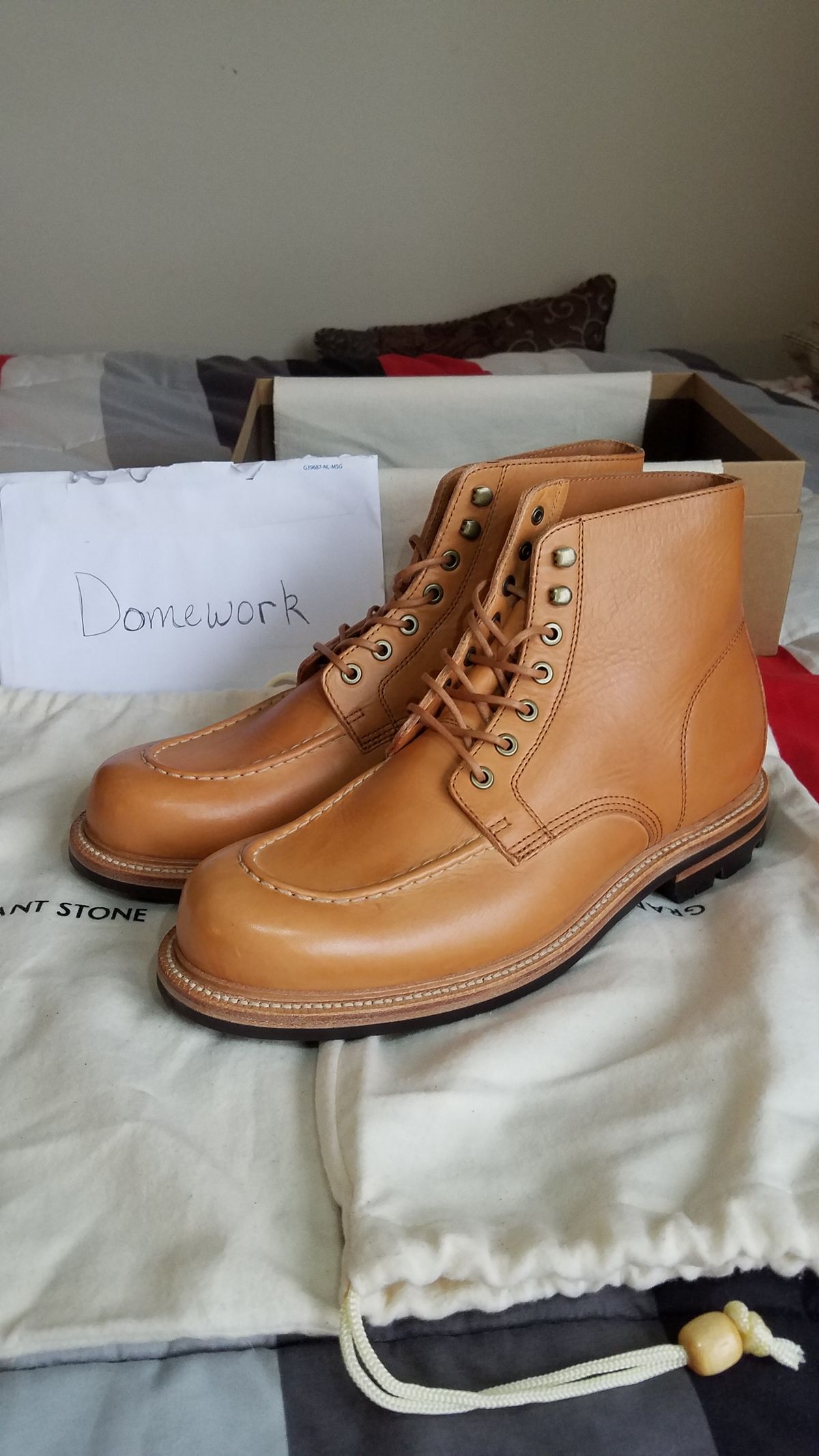 Photo by Spoon on October 1, 2022 of the Grant Stone Brass Boot in Horween English Tan Essex.