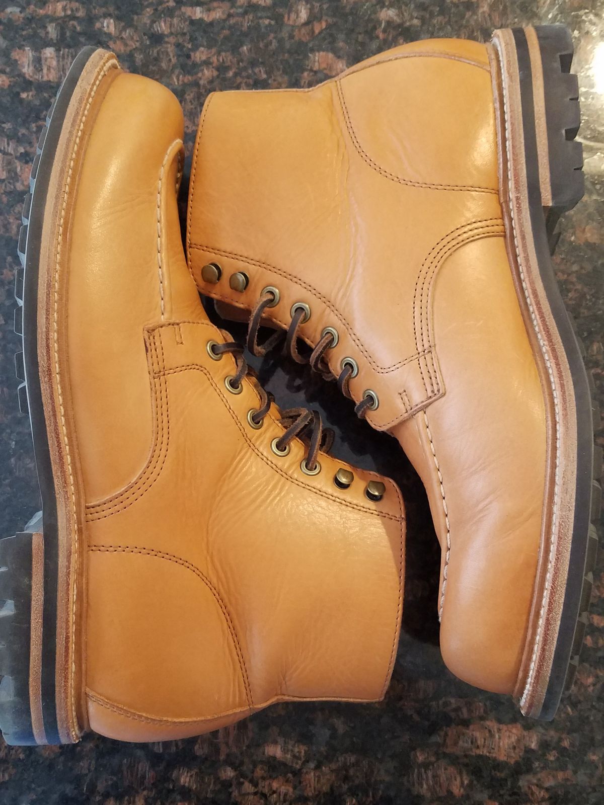 Photo by Spoon on December 4, 2022 of the Grant Stone Brass Boot in Horween English Tan Essex.