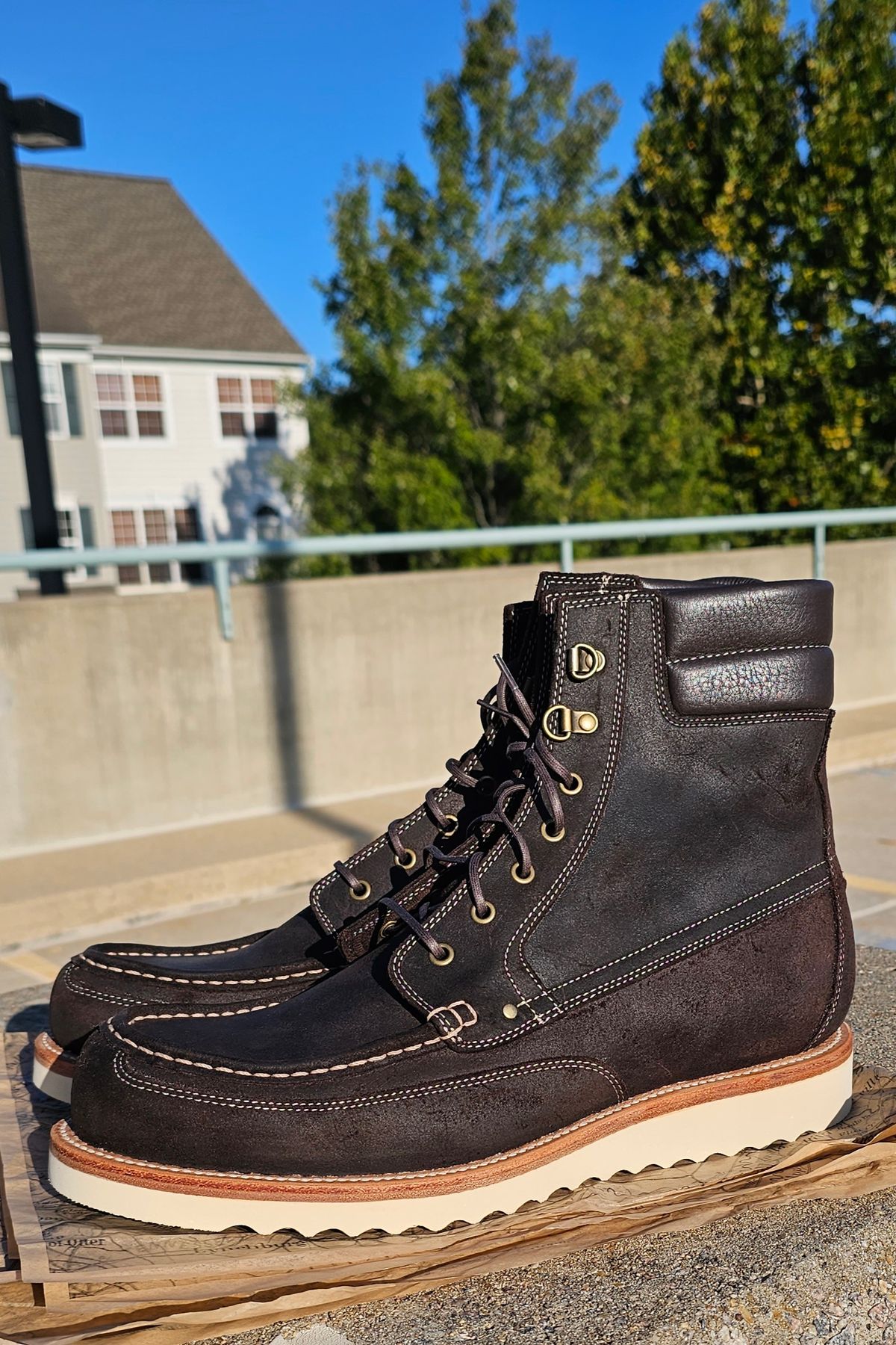 Photo by Spoon on October 1, 2023 of the Grant Stone Field Boot in C.F. Stead Earth Waxy Commander Suede.