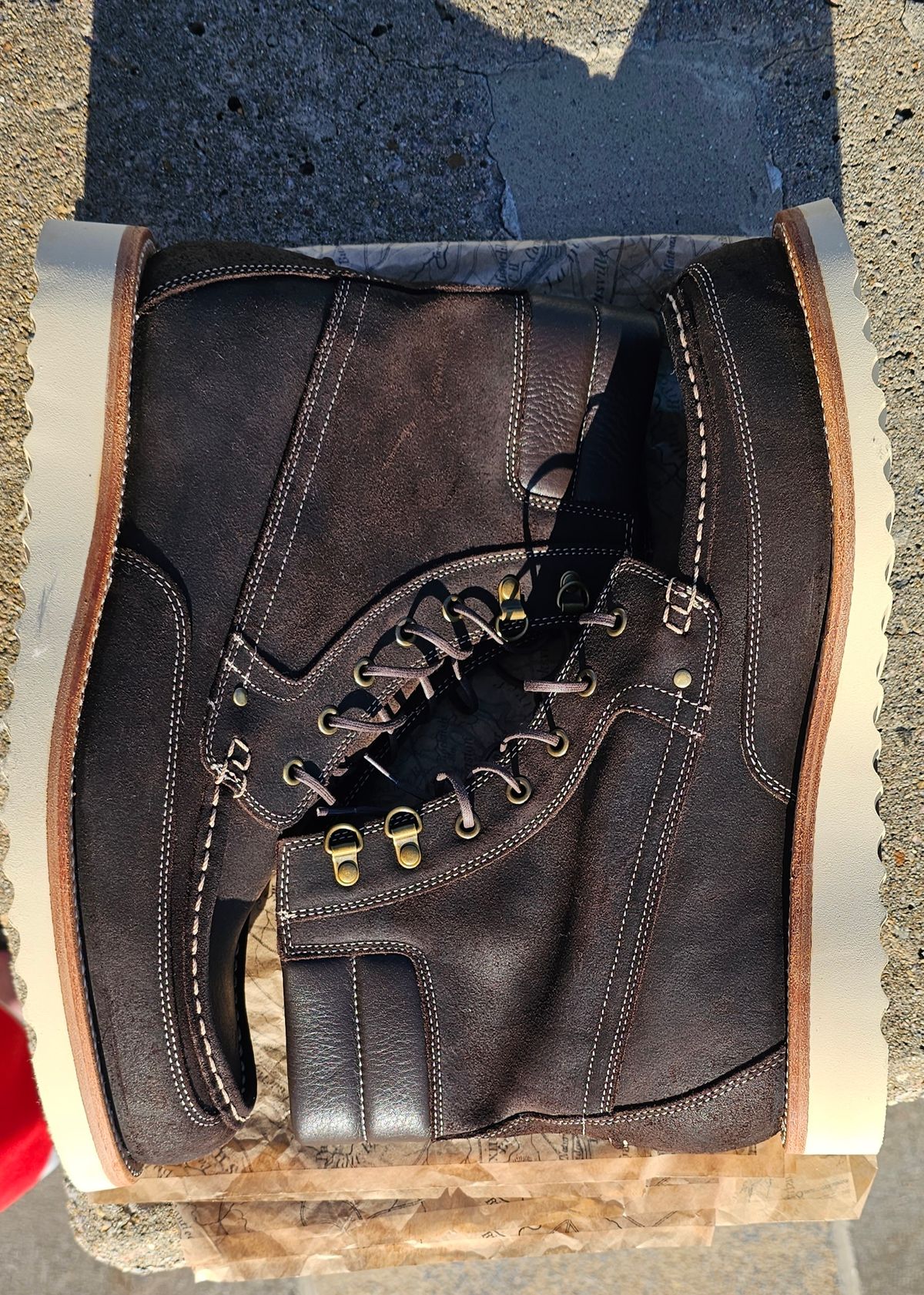 Photo by Spoon on October 1, 2023 of the Grant Stone Field Boot in C.F. Stead Earth Waxy Commander Suede.