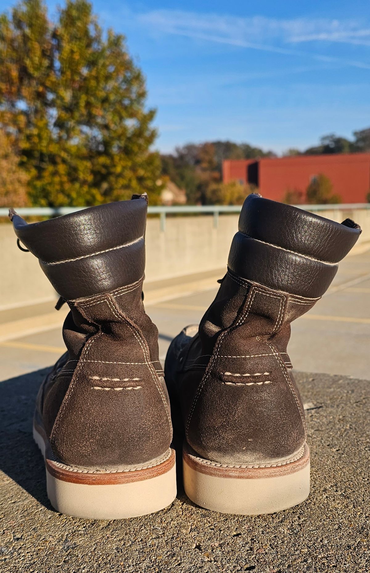 Photo by Spoon on November 4, 2023 of the Grant Stone Field Boot in C.F. Stead Earth Waxy Commander Suede.