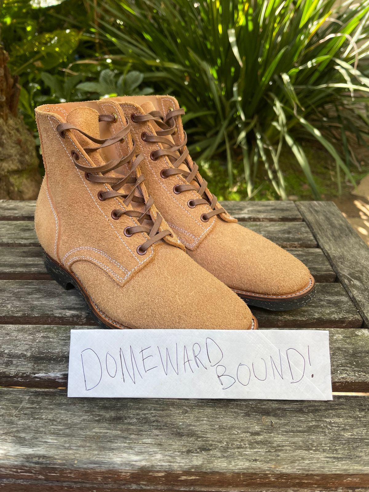 Photo by technicka on October 2, 2023 of the Clinch Yeager Boots in Wickett & Craig Natural Latigo Roughout.