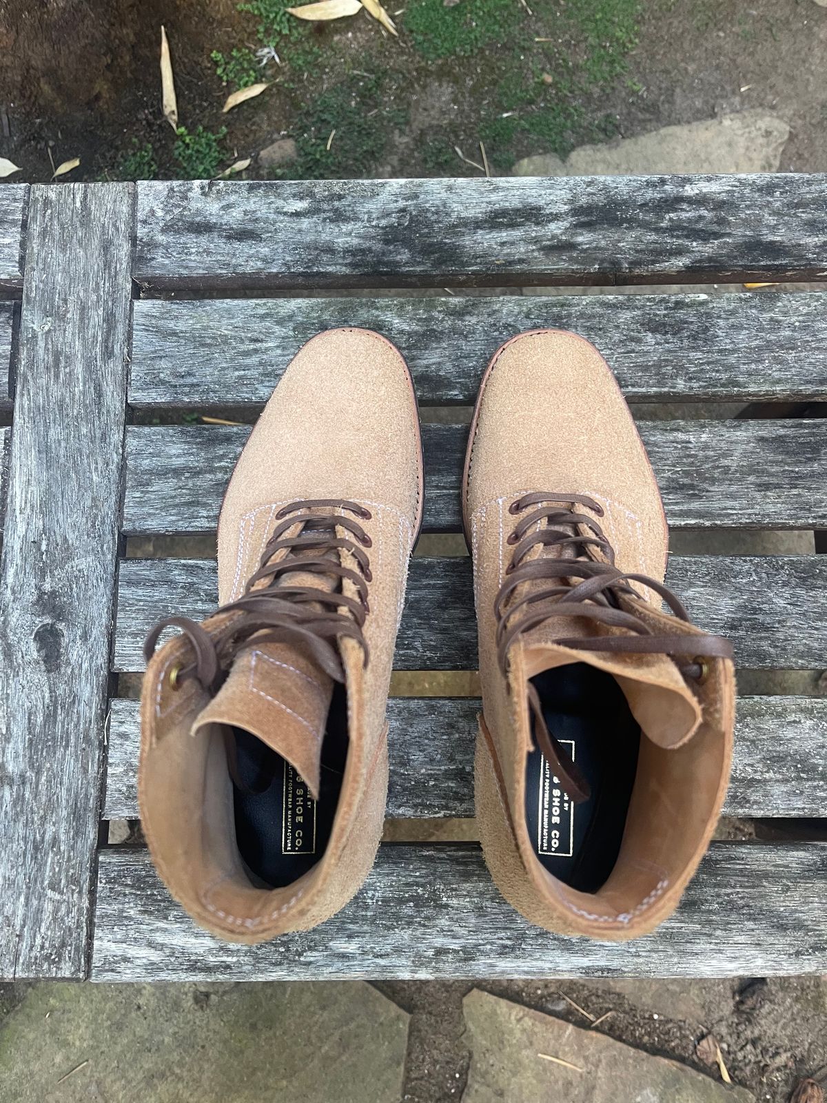 Photo by technicka on October 2, 2023 of the Clinch Yeager Boots in Wickett & Craig Natural Latigo Roughout.
