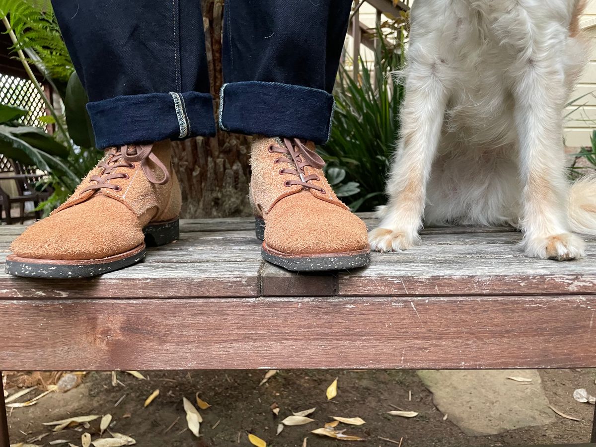 Photo by technicka on November 9, 2023 of the Clinch Yeager Boots in Wickett & Craig Natural Latigo Roughout.