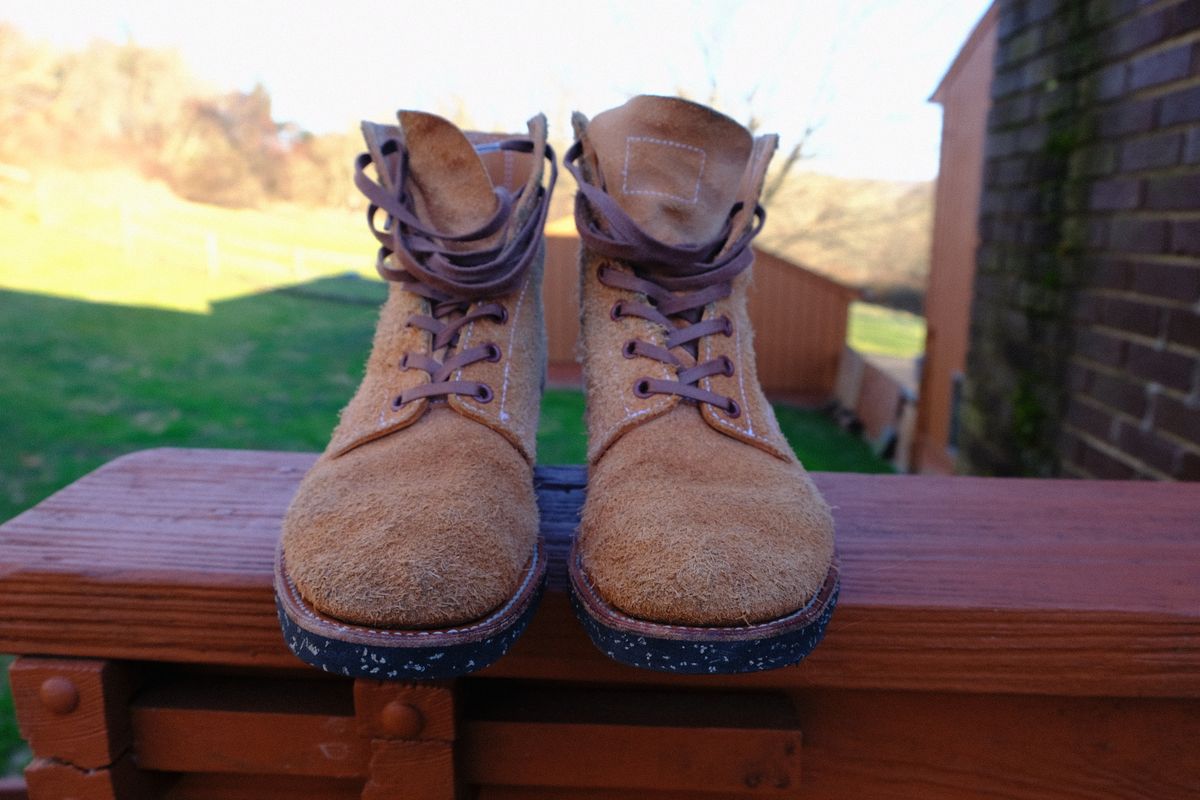 Photo by technicka on January 6, 2024 of the Clinch Yeager Boots in Wickett & Craig Natural Latigo Roughout.