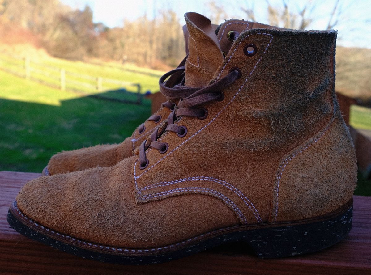 Photo by technicka on January 6, 2024 of the Clinch Yeager Boots in Wickett & Craig Natural Latigo Roughout.
