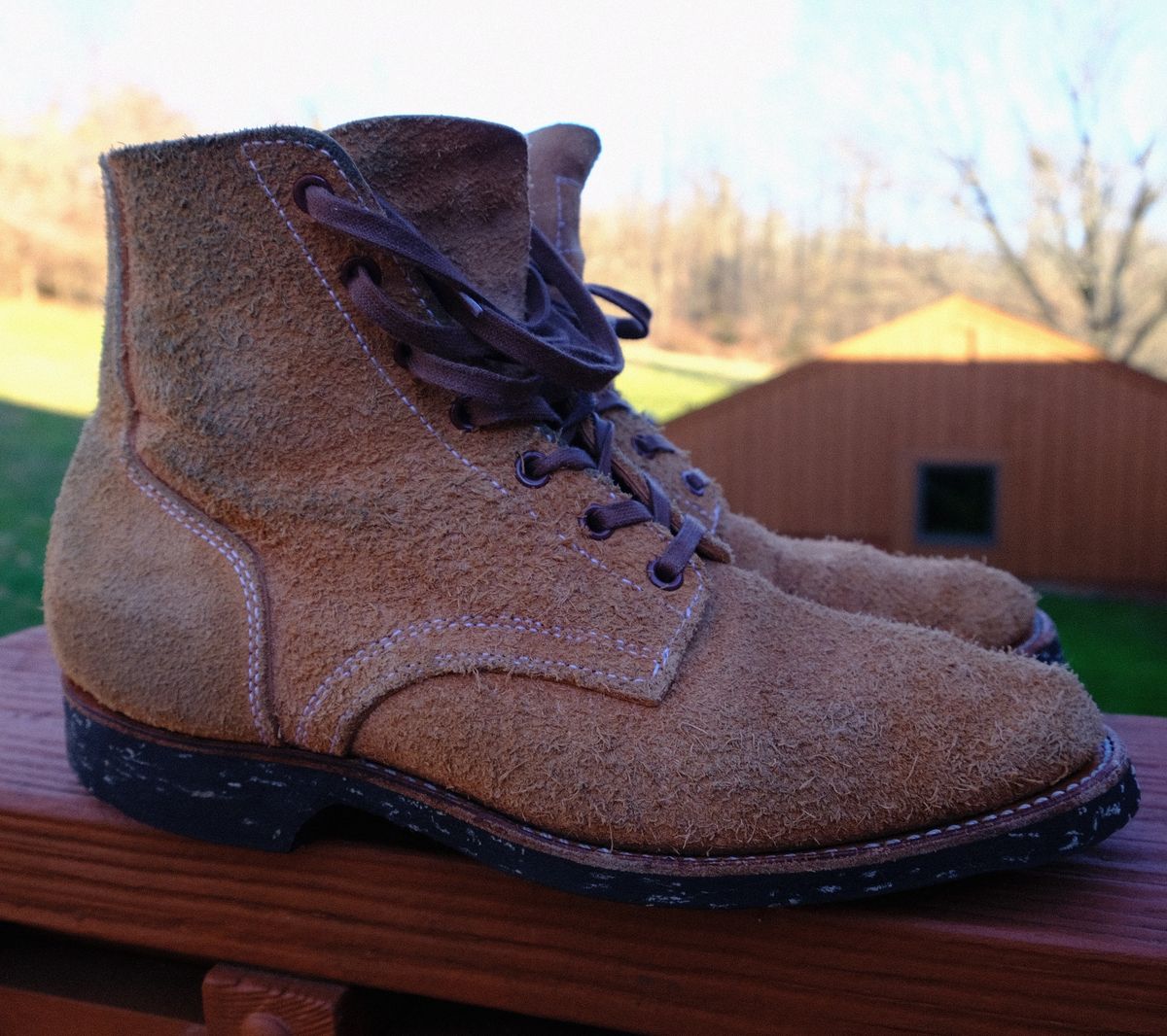 Photo by technicka on January 6, 2024 of the Clinch Yeager Boots in Wickett & Craig Natural Latigo Roughout.
