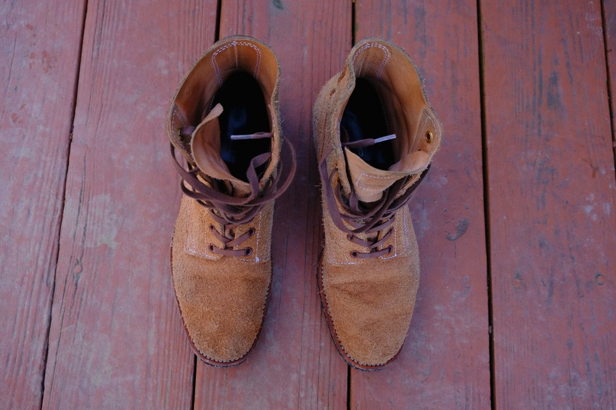 Photo by technicka on January 6, 2024 of the Clinch Yeager Boots in Wickett & Craig Natural Latigo Roughout.