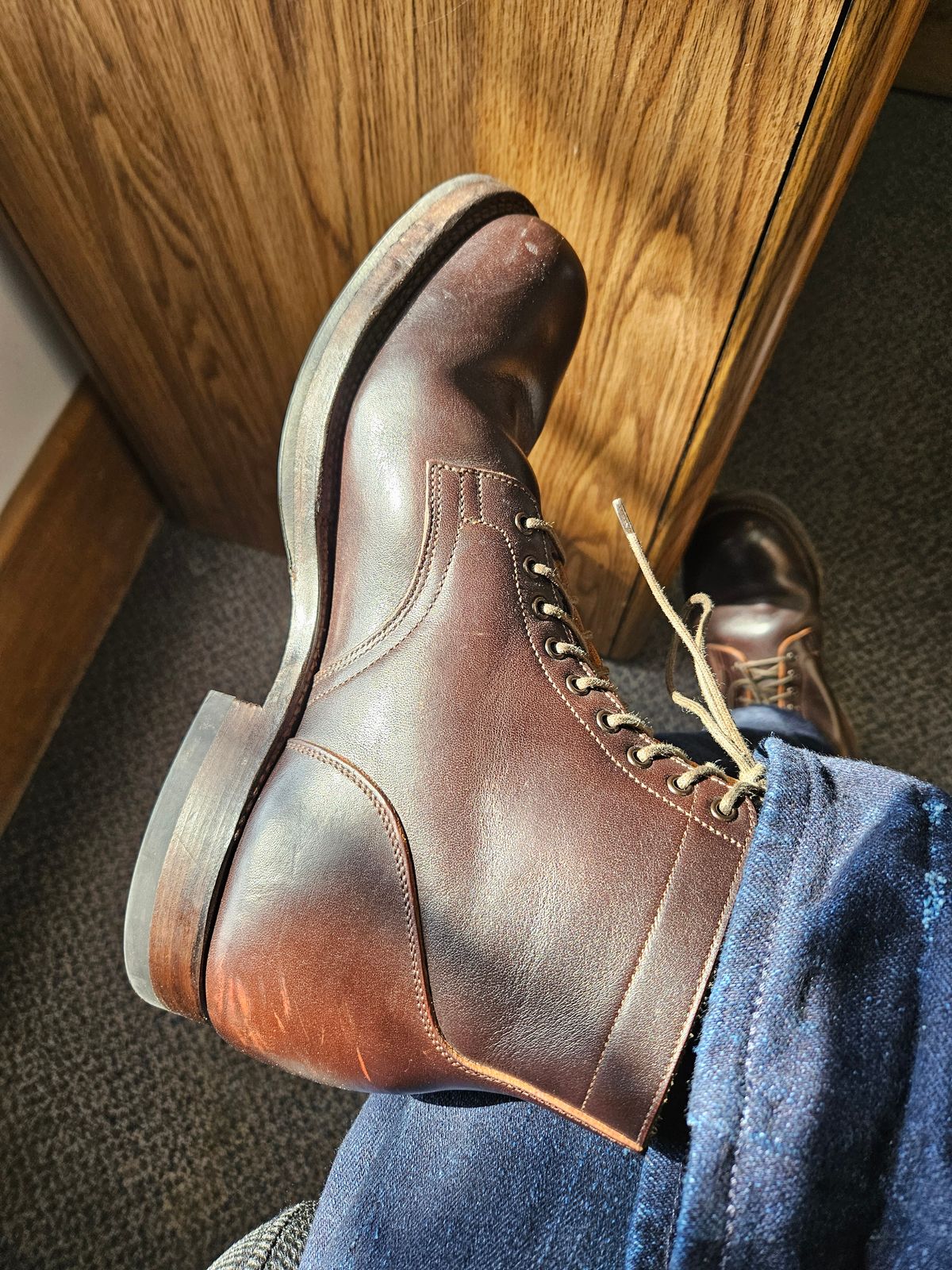 Photo by spicytakito on March 24, 2025 of the Viberg Service Boot in Horween Brown Wooly.