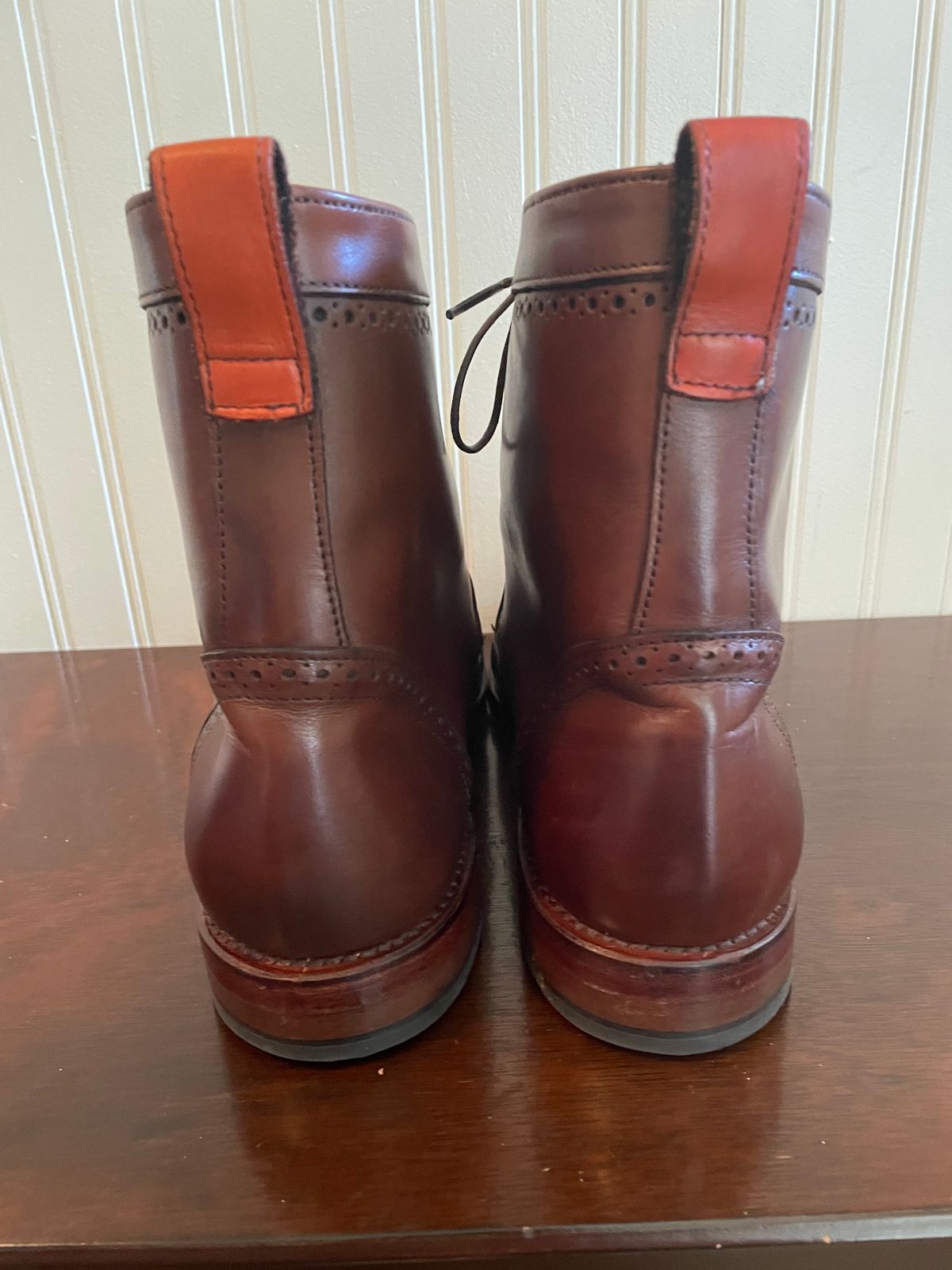 Photo by bourbonandboots on October 6, 2023 of the Allen Edmonds Dalton Wingtip Dress Boot in Dark Chili Calfskin.