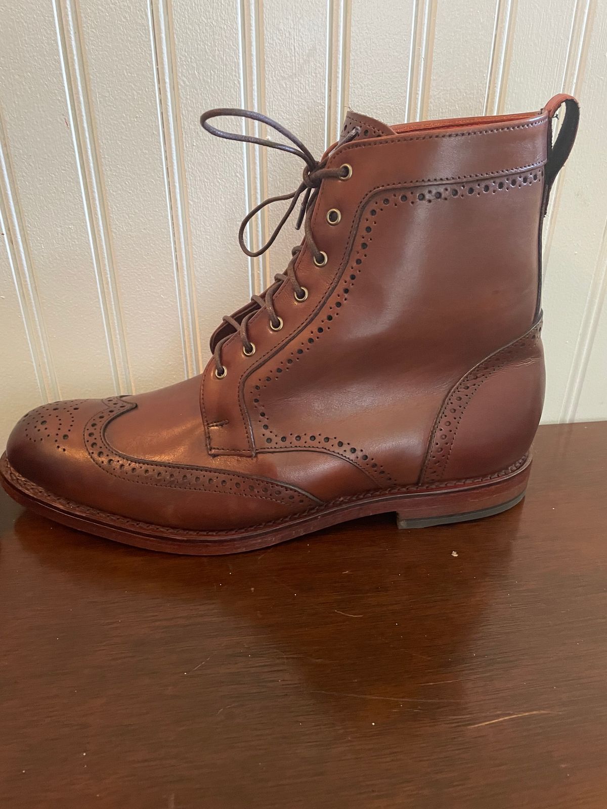Photo by bourbonandboots on October 6, 2023 of the Allen Edmonds Dalton Wingtip Dress Boot in Dark Chili Calfskin.