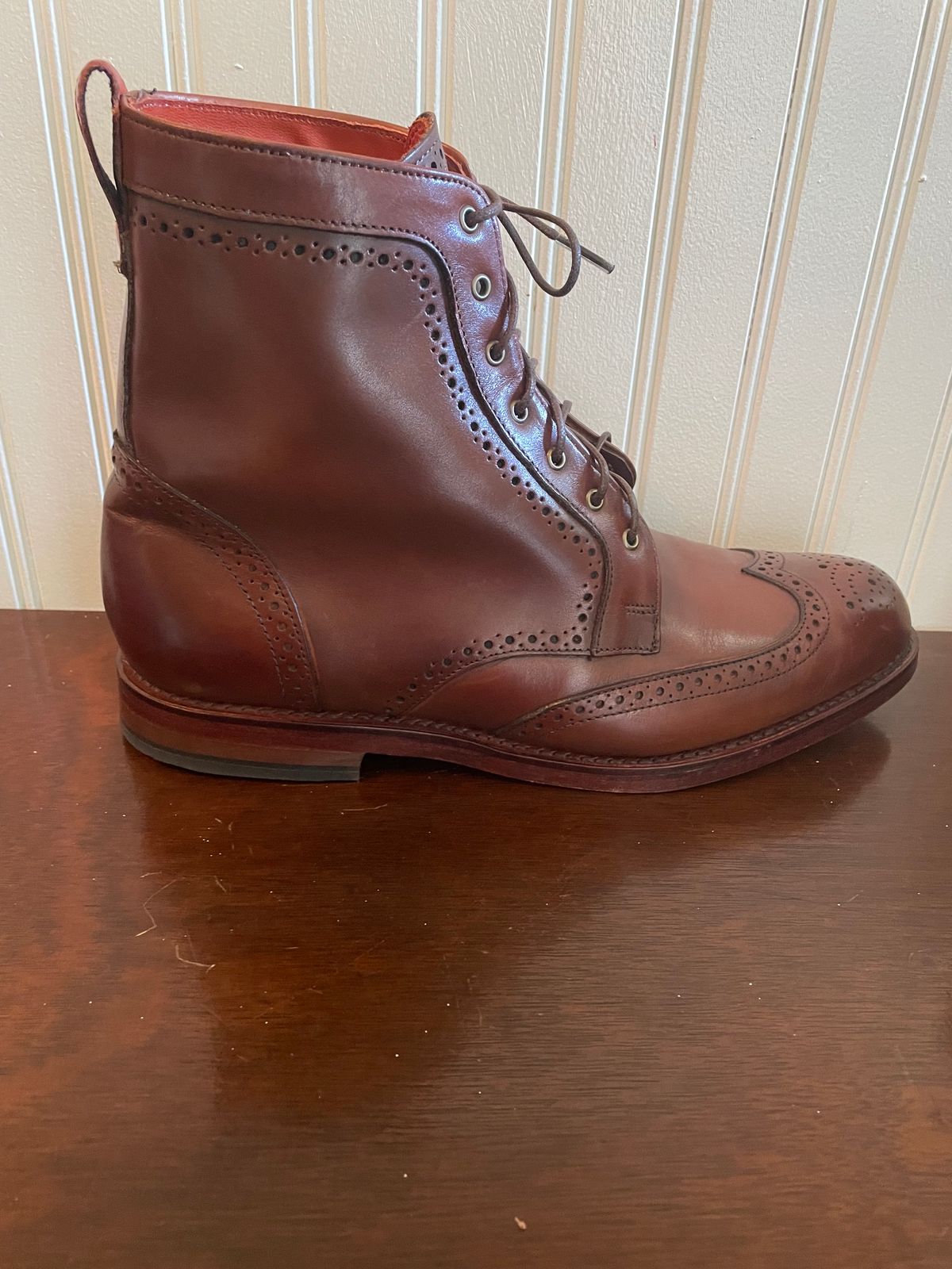 Photo by bourbonandboots on October 6, 2023 of the Allen Edmonds Dalton Wingtip Dress Boot in Dark Chili Calfskin.