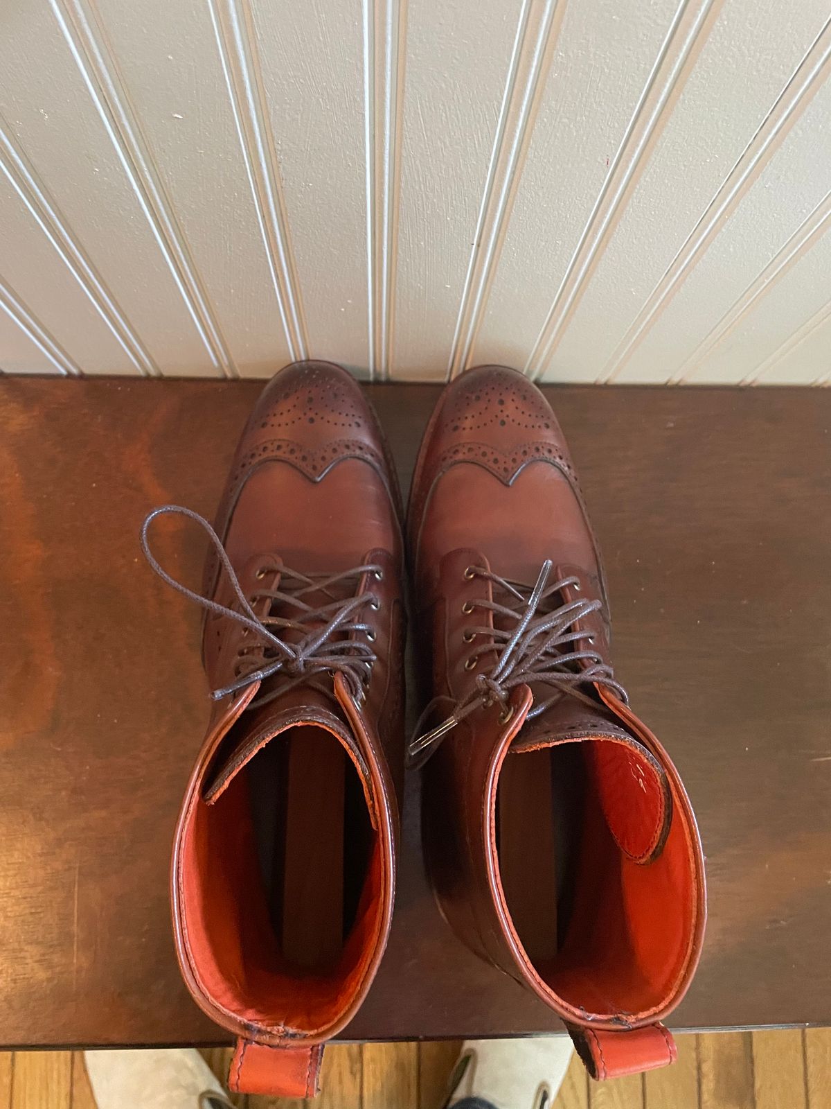 Photo by bourbonandboots on October 6, 2023 of the Allen Edmonds Dalton Wingtip Dress Boot in Dark Chili Calfskin.