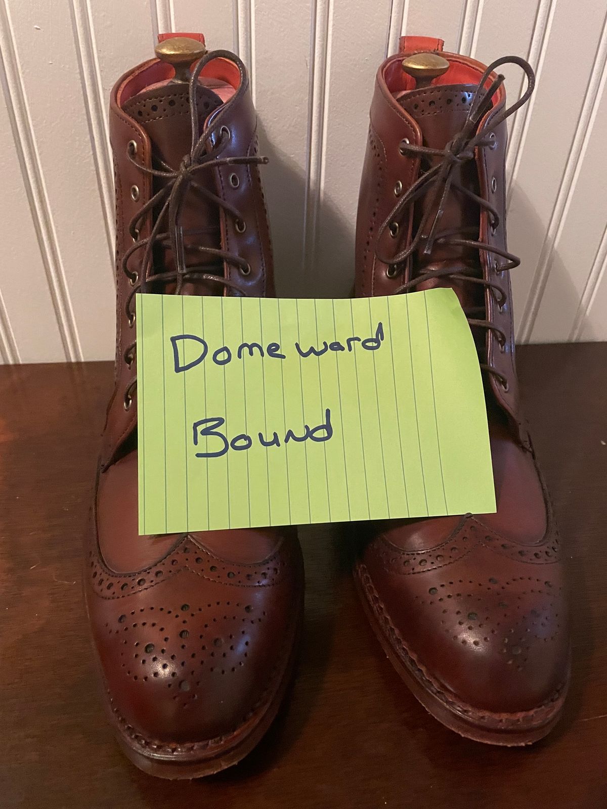 Photo by bourbonandboots on October 6, 2023 of the Allen Edmonds Dalton Wingtip Dress Boot in Dark Chili Calfskin.