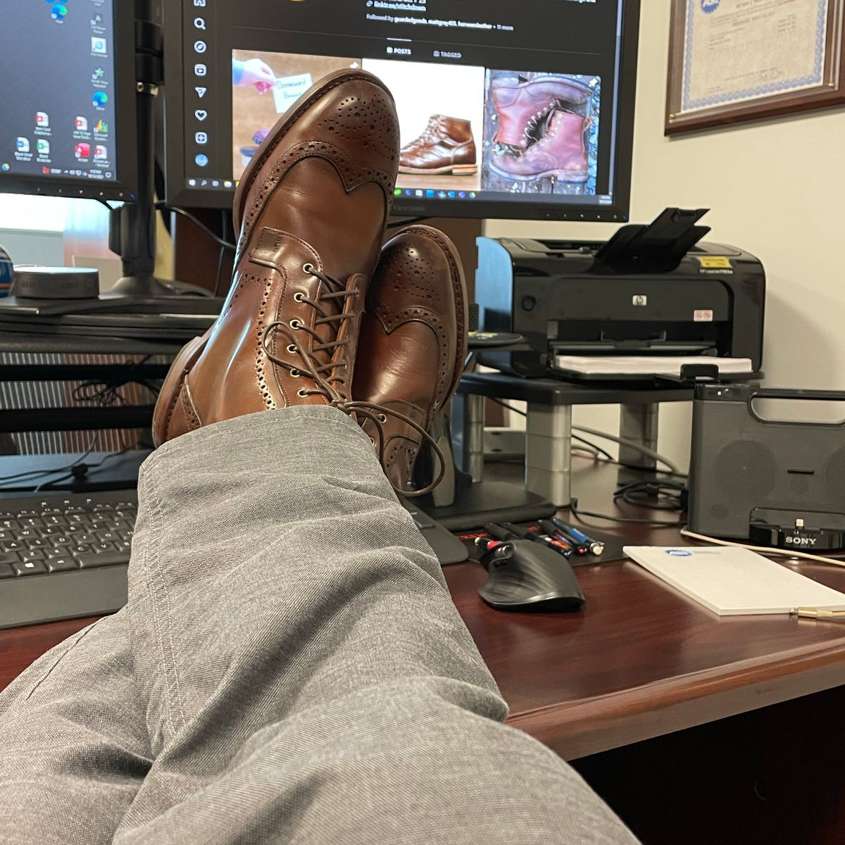 Photo by bourbonandboots on October 25, 2023 of the Allen Edmonds Dalton Wingtip Dress Boot in Dark Chili Calfskin.