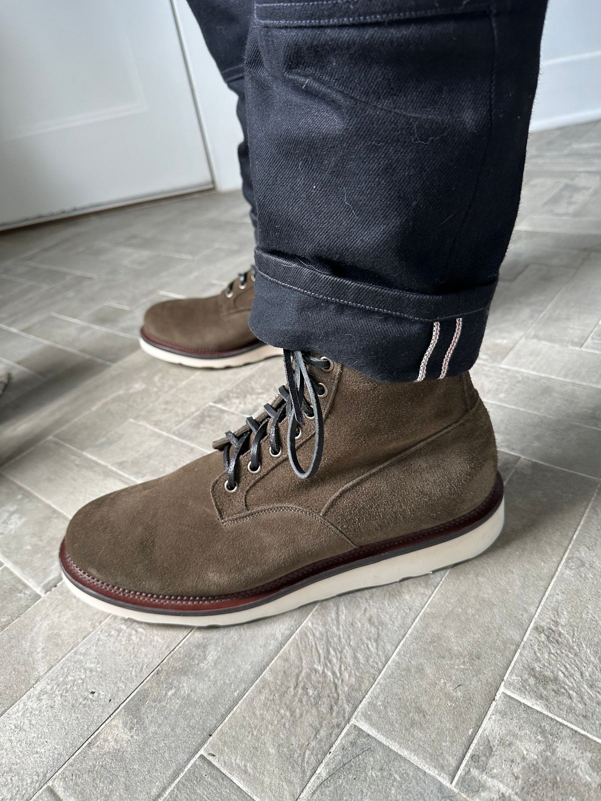 Photo by incorrectpath on February 24, 2024 of the Viberg Scout Boot in C.F. Stead Olive Janus Calf Suede.