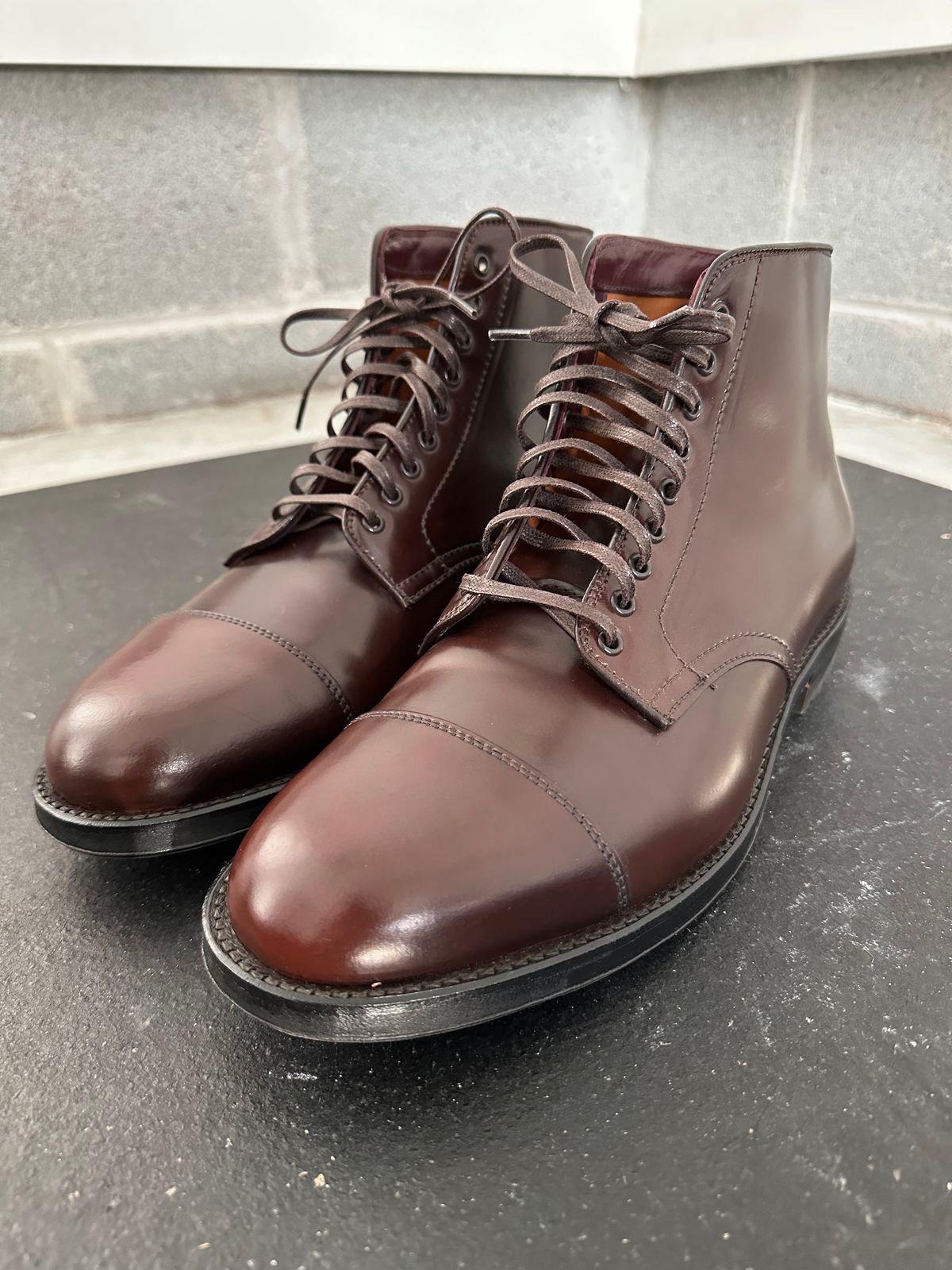 Photo by incorrectpath on October 9, 2023 of the Alden Straight Tip Boot in Horween Color 8 Shell Cordovan.