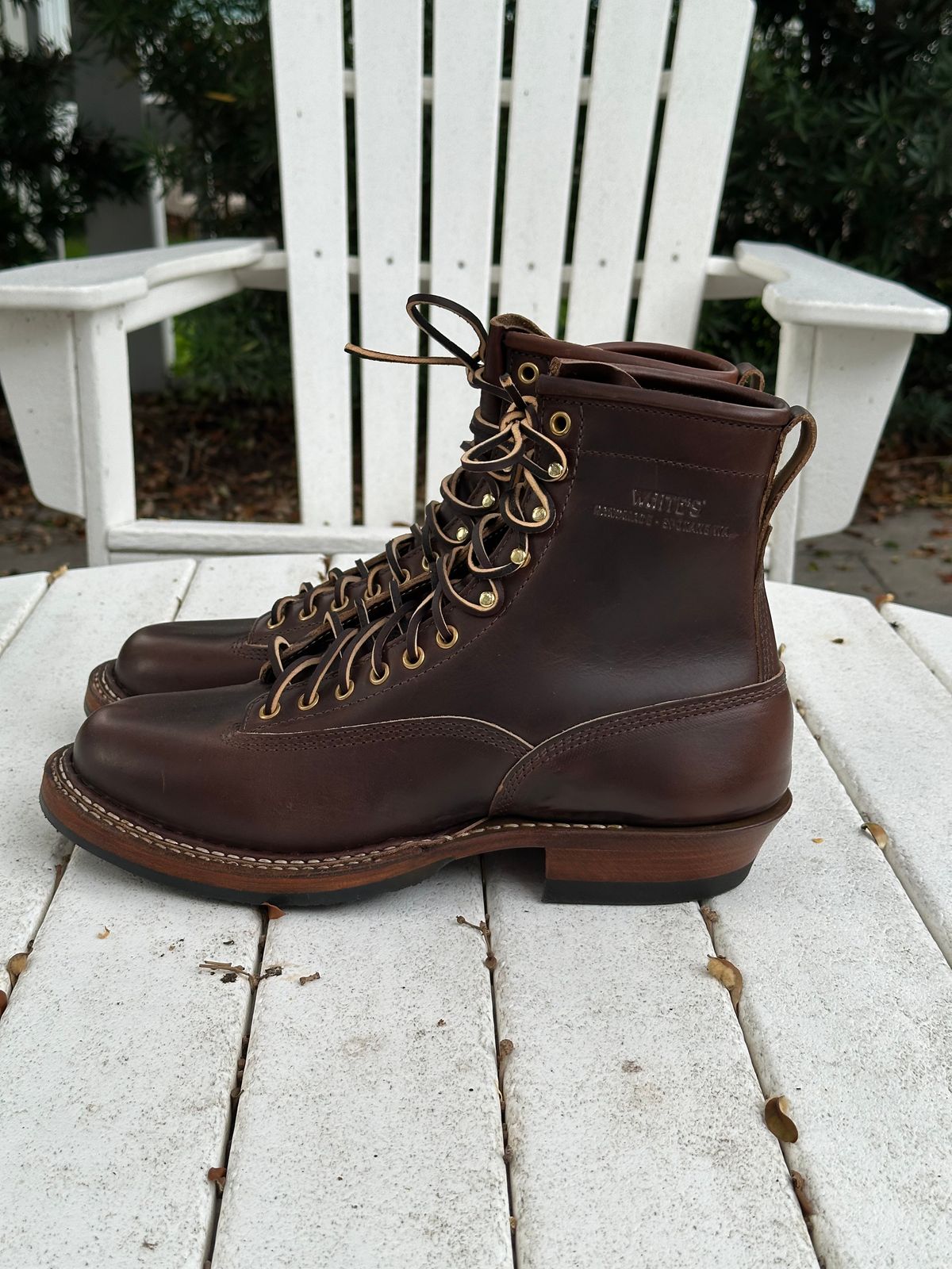Photo by incorrectpath on October 1, 2025 of the White's 350 Cutter in Horween Brown Chromexcel.