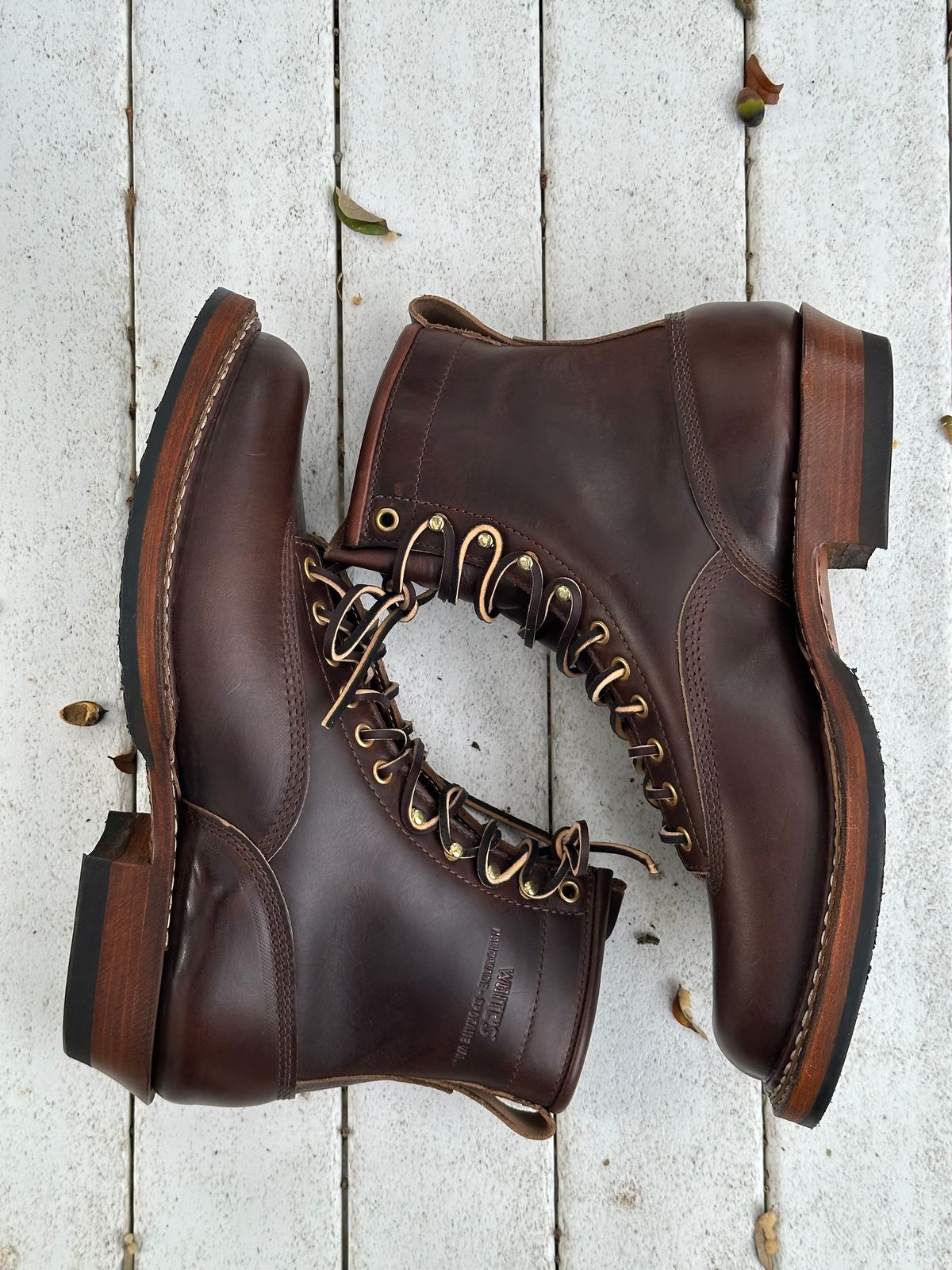 Photo by incorrectpath on October 1, 2025 of the White's 350 Cutter in Horween Brown Chromexcel.