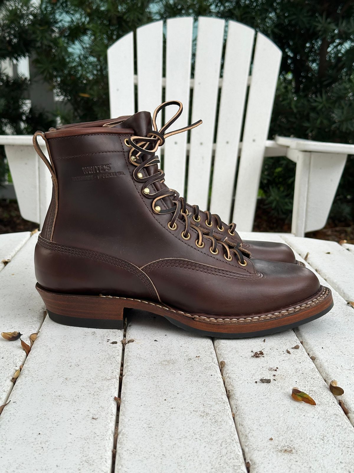 Photo by incorrectpath on October 1, 2025 of the White's 350 Cutter in Horween Brown Chromexcel.