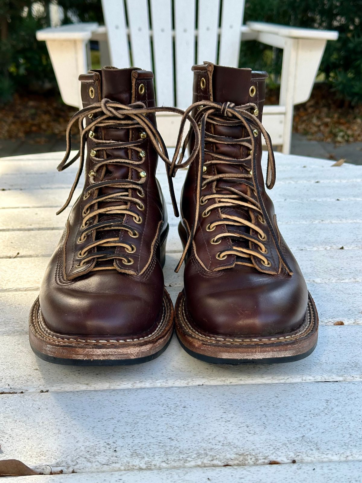 Photo by incorrectpath on November 2, 2025 of the White's 350 Cutter in Horween Brown Chromexcel.