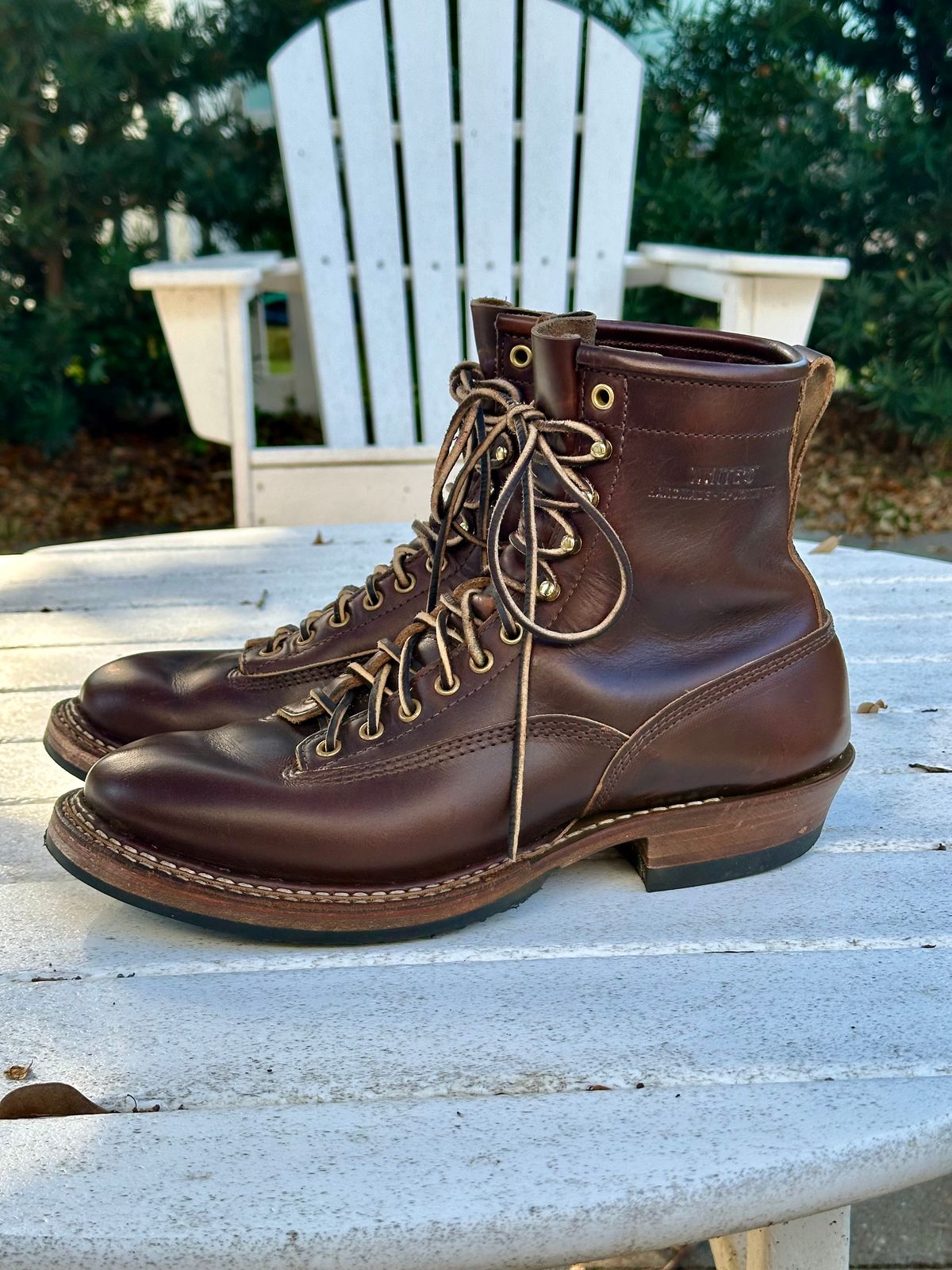 Photo by incorrectpath on November 2, 2025 of the White's 350 Cutter in Horween Brown Chromexcel.