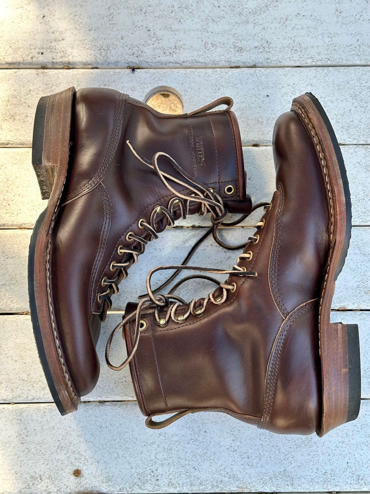 Photo by incorrectpath on November 2, 2025 of the White's 350 Cutter in Horween Brown Chromexcel.