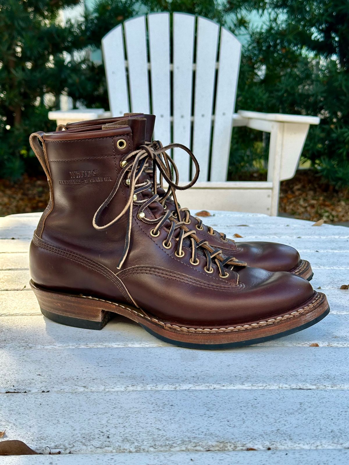 Photo by incorrectpath on November 2, 2025 of the White's 350 Cutter in Horween Brown Chromexcel.
