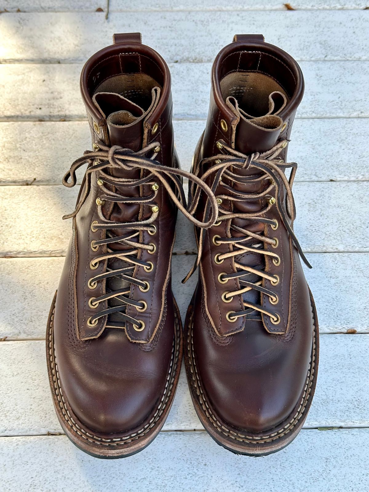 Photo by incorrectpath on November 2, 2025 of the White's 350 Cutter in Horween Brown Chromexcel.