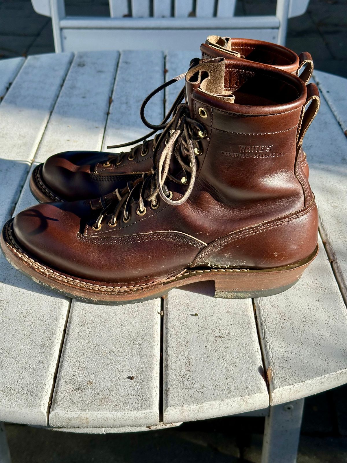 Photo by incorrectpath on December 1, 2025 of the White's 355 Cutter in Horween Brown Chromexcel.
