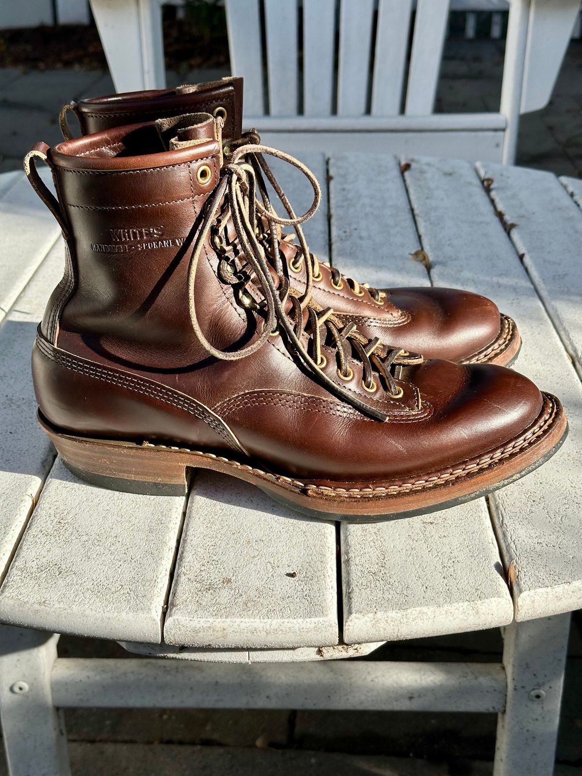 Photo by incorrectpath on December 1, 2025 of the White's 355 Cutter in Horween Brown Chromexcel.
