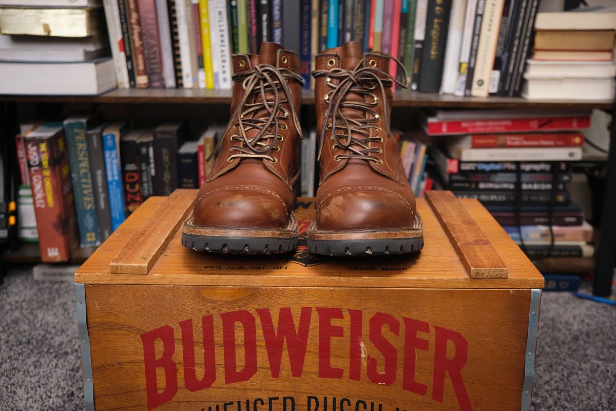 Photo by KentuckyDenimHead on January 3, 2025 of the White's Bounty Hunter in Horween British Tan Chromexcel.