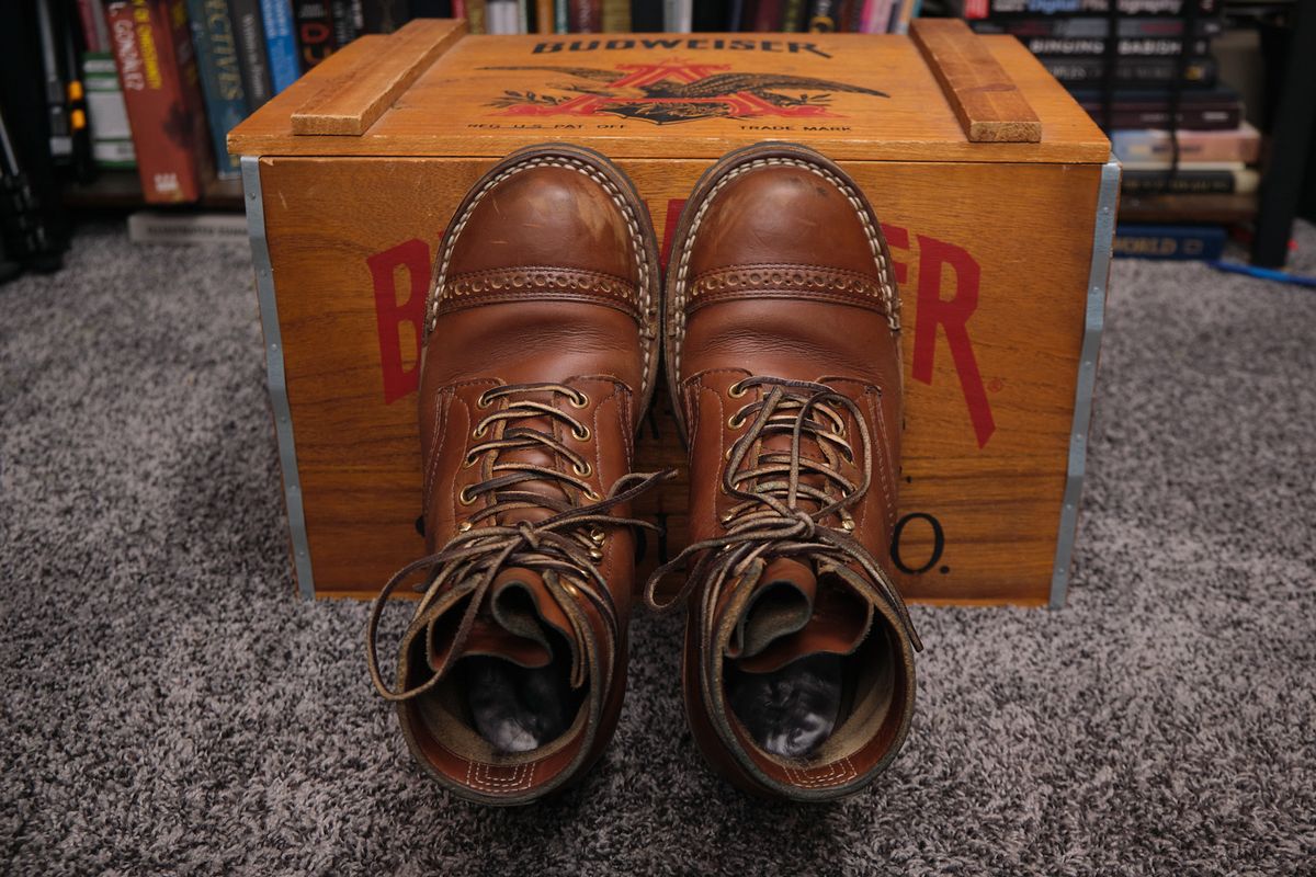 Photo by KentuckyDenimHead on January 3, 2025 of the White's Bounty Hunter in Horween British Tan Chromexcel.