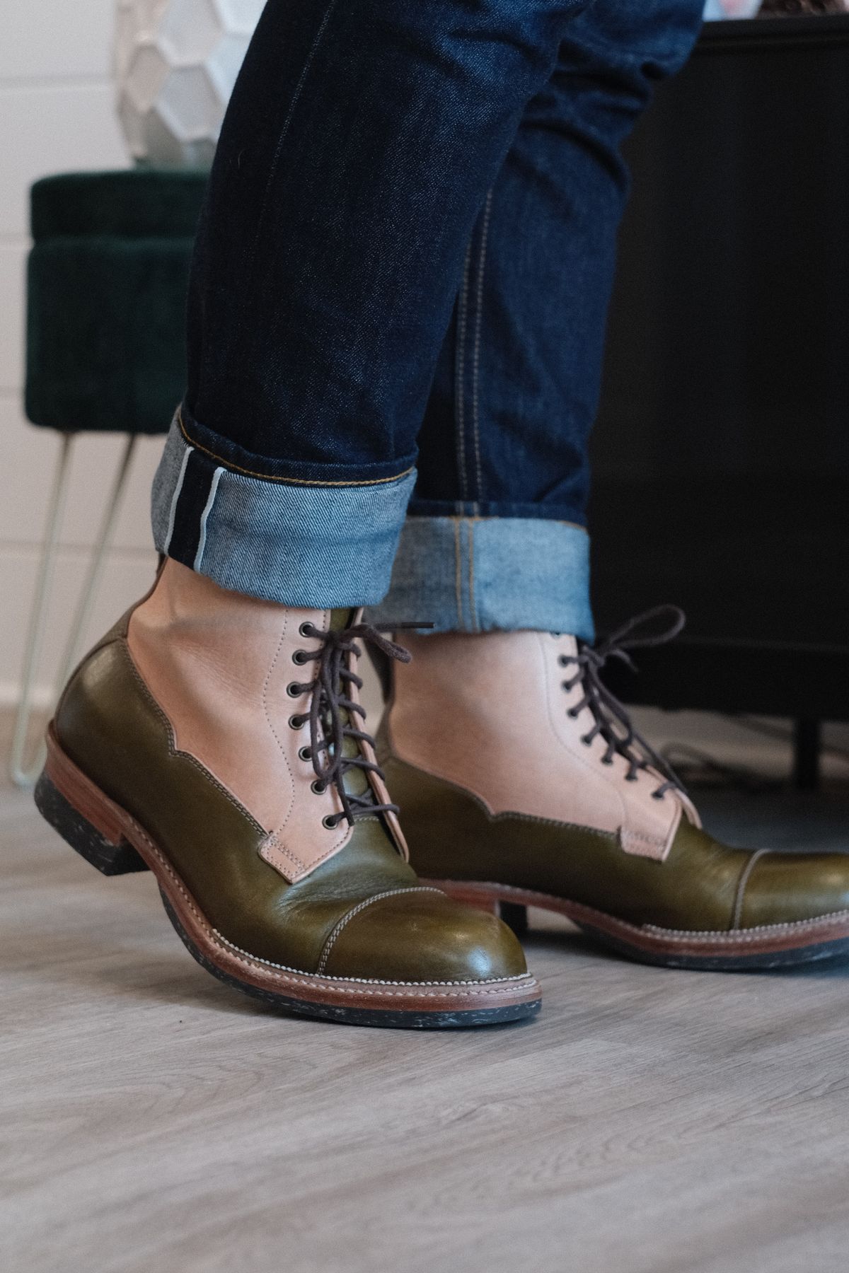 Photo by KentuckyDenimHead on November 2, 2023 of the Midas Vanquish Blucher Boot in Shinki Natural Horsehide Overdyed Olive.