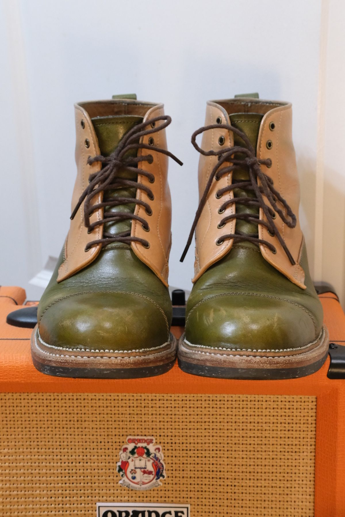 Photo by KentuckyDenimHead on December 6, 2023 of the Midas Vanquish Blucher Boot in Shinki Natural Horsehide Overdyed Olive.