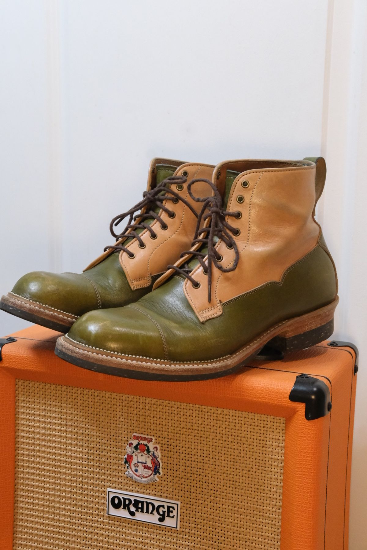 Photo by KentuckyDenimHead on December 6, 2023 of the Midas Vanquish Blucher Boot in Shinki Natural Horsehide Overdyed Olive.