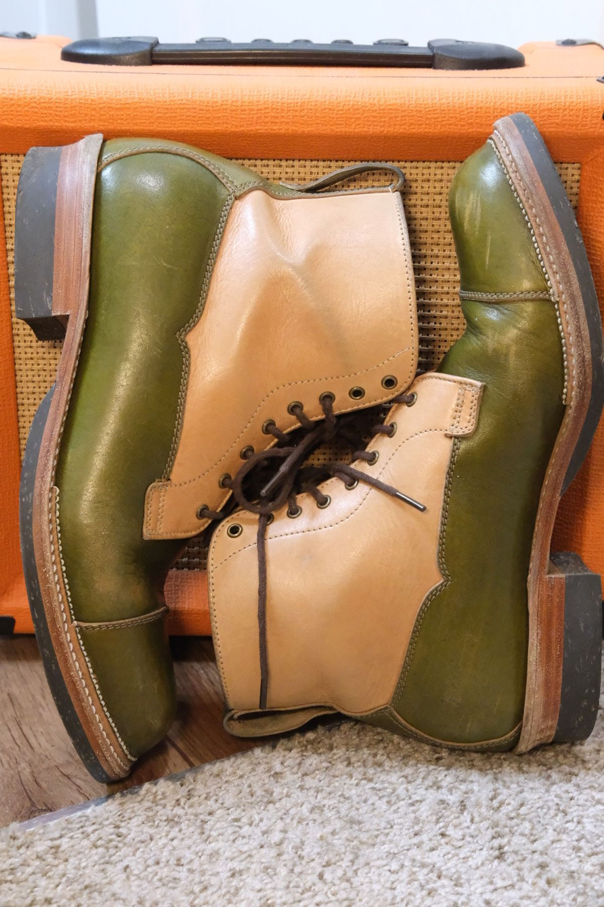 Photo by KentuckyDenimHead on December 6, 2023 of the Midas Vanquish Blucher Boot in Shinki Natural Horsehide Overdyed Olive.