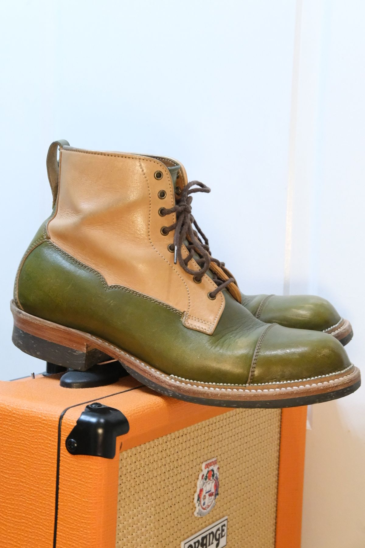 Photo by KentuckyDenimHead on December 6, 2023 of the Midas Vanquish Blucher Boot in Shinki Natural Horsehide Overdyed Olive.
