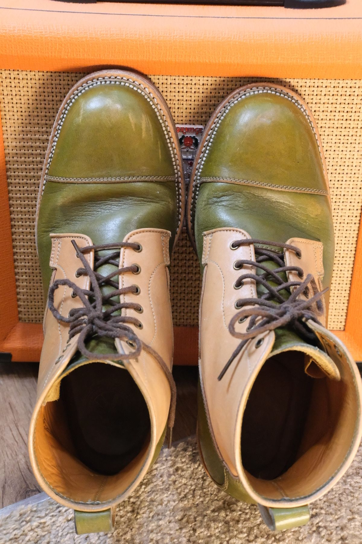 Photo by KentuckyDenimHead on December 6, 2023 of the Midas Vanquish Blucher Boot in Shinki Natural Horsehide Overdyed Olive.